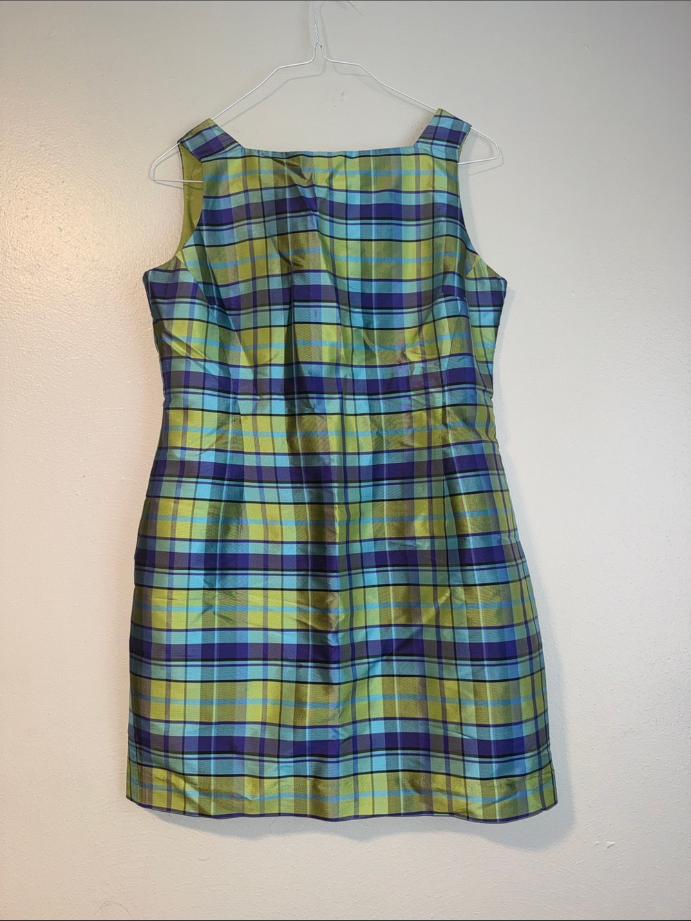 Jones New York Yellow and Blue Plaid Sleeveless Shift Dress 100% Silk